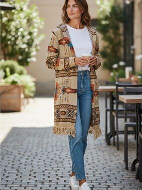 Socialite - Multicolor Aztec Print Hooded Cardigan w/ Fringe - Medium